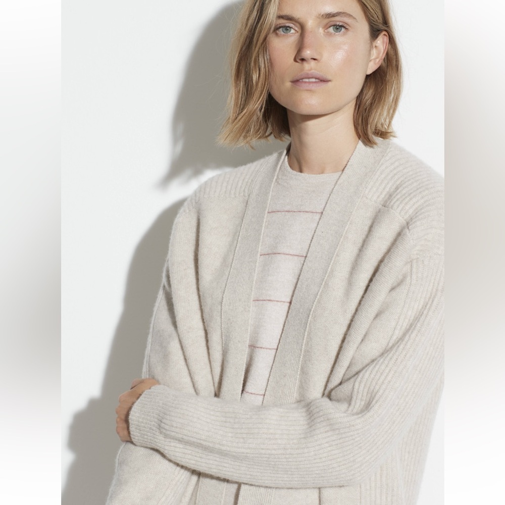 VINCE Ribbed Back Wool Cashmere Cardigan In Neutral New Large - Picture 4 of 8